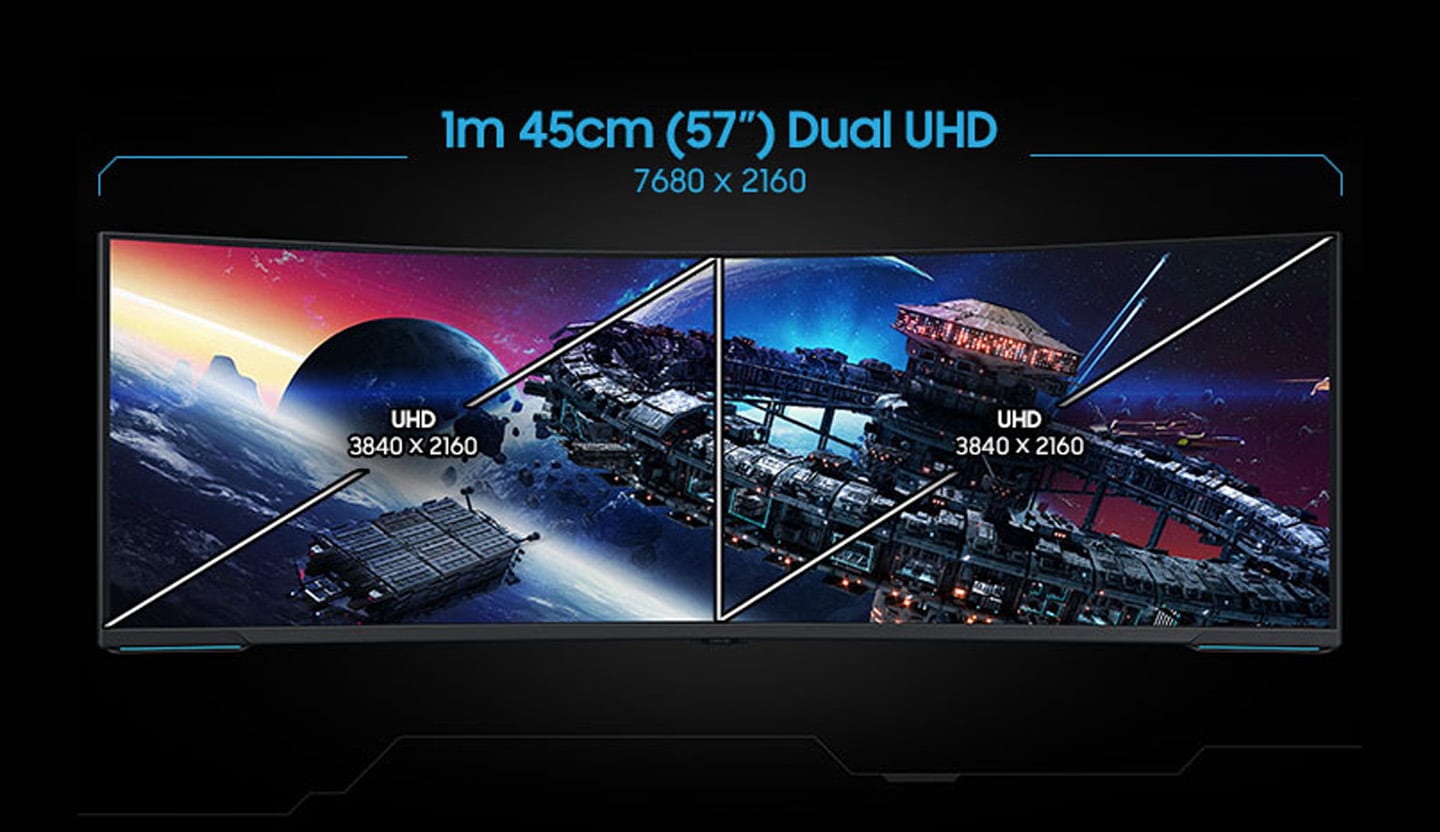 A single monitor is divided into two sections on its screen. Across both sections, an image is shown of a spaceship flying toward a wheel-like space docking station, in orbit of a nearby planet, with more planets in the background. Both sides of the screen show the dimensions of a 32-inch UHD monitor, 3840x2160. Centered above both sections of the screen, text reads "57-inch Dual UHD. 7680 x 2160."