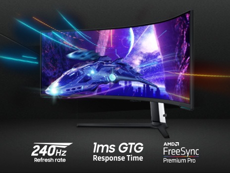 An Odyssey monitor is shown standing on a surface with a spaceship flying away from a nighttime city scene, through a cave, and off the screen. The text around the monitor communicates the specs: “1ms GTG fast response time, 240Hz refresh rate, and AMD FreeSync Premium Pro”.