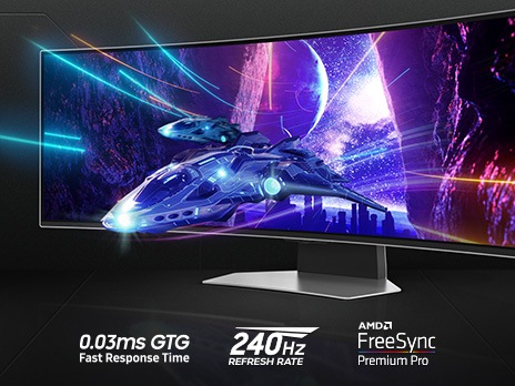 An Odyssey monitor is shown standing on a surface with a spaceship flying away from a nighttime city scene, through a cave, and off the screen. The text around the monitor communicates the specs: “0.03ms GTG fast response time, 240Hz refresh rate, and AMD FreeSync Premium Pro”.
