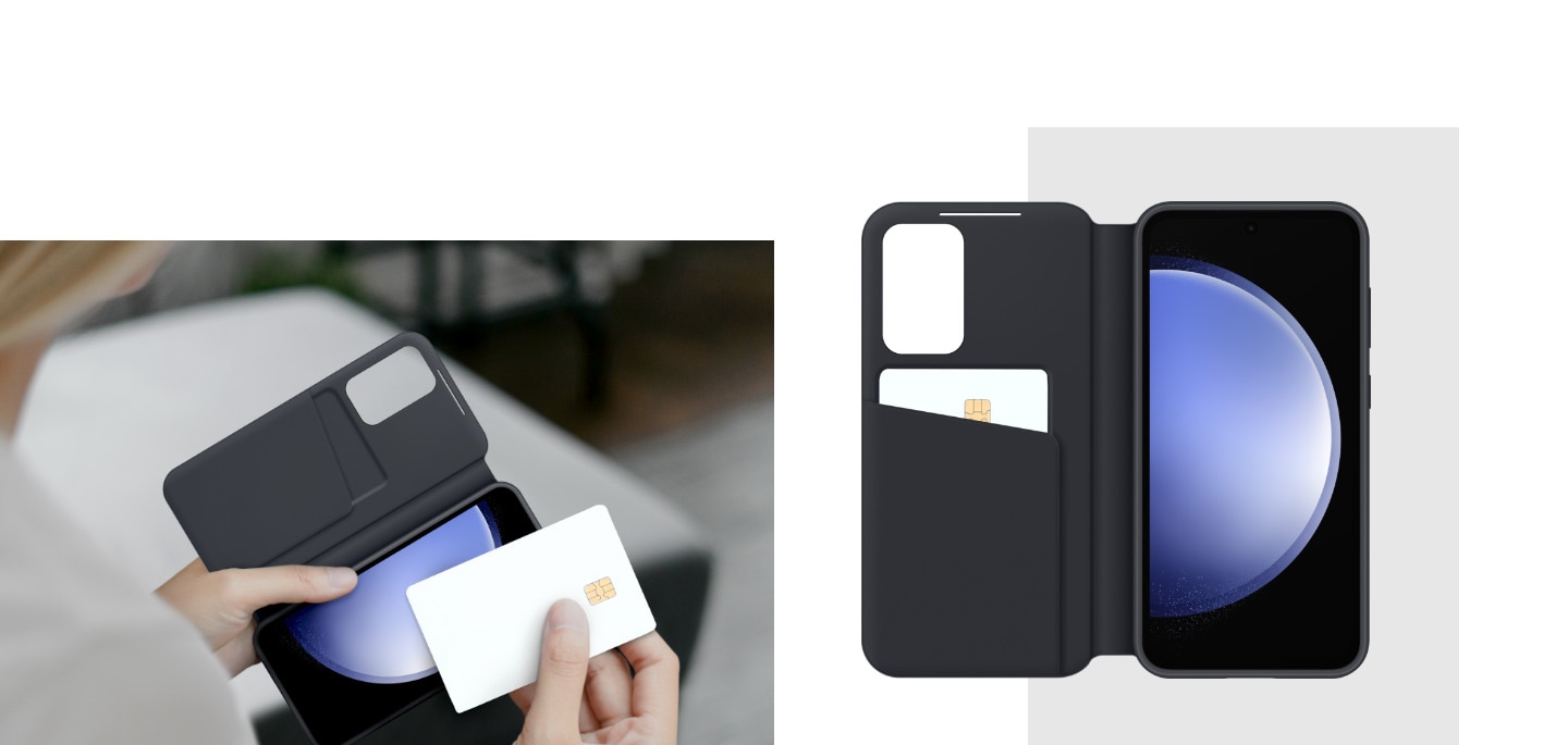 A person takes out a card from the card slot inside Smart View Wallet Case. Smart View Wallet Case is open to show the inside with a card inserted in the card slot.