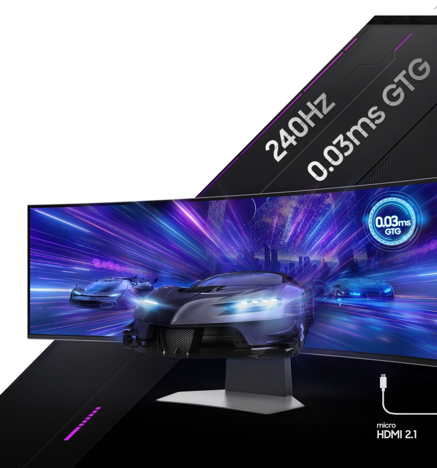 On the monitor screen, cars race out of a monitor, away from a futuristic city. A connection cable labeled “micro HDMI 2.1” is shown below the monitor screen.