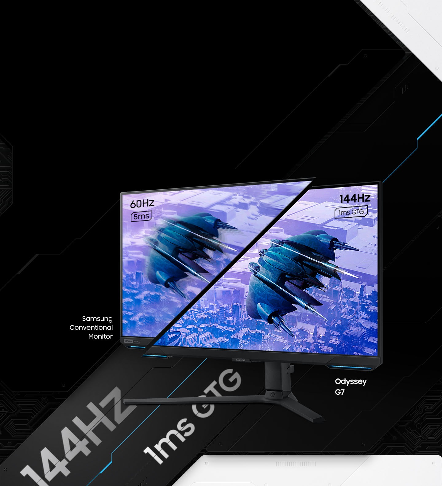 A monitor which is seen from right side shows two spaceships with green and blue patterns flying over a futuristic city with purple hues. The monitor is split in two to show the difference in display quality comparing two different refresh rates and response time, one for conventional monitor with 60Hz and 5ms and the other for Odyssey G7 with 144Hz and 1ms GTG.