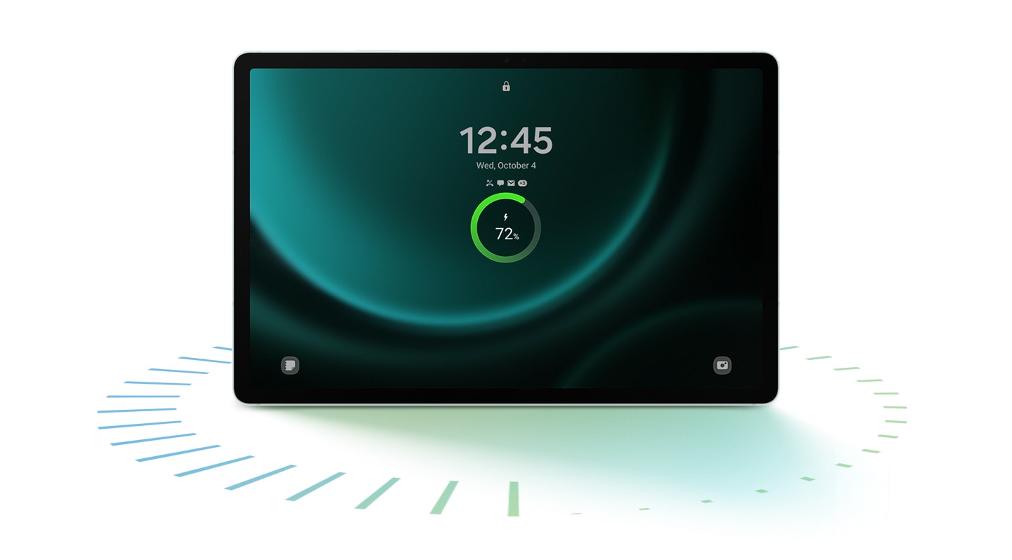 Galaxy Tab S9 FE+ in Mint in Landscape mode, facing forward with the tablet's battery charging status shown on the lock screen.