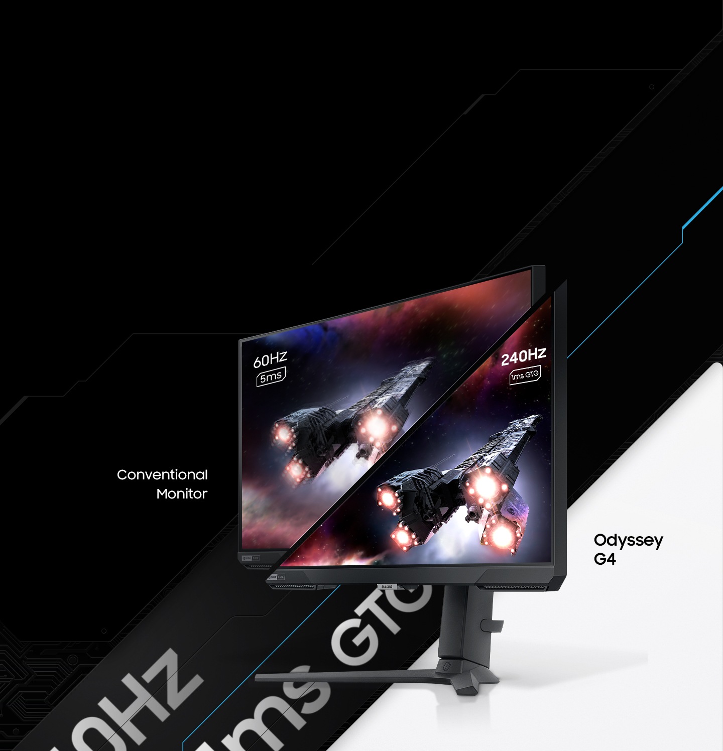 A monitor which is seen from its right side shows two spaceships blasting off into space. The monitor is split in two to show the difference in display quality comparing two different refresh rates and response time, one for conventional monitor with 60Hz and 5ms and the other for Odyssey G4 with 240Hz and 1ms GTG.