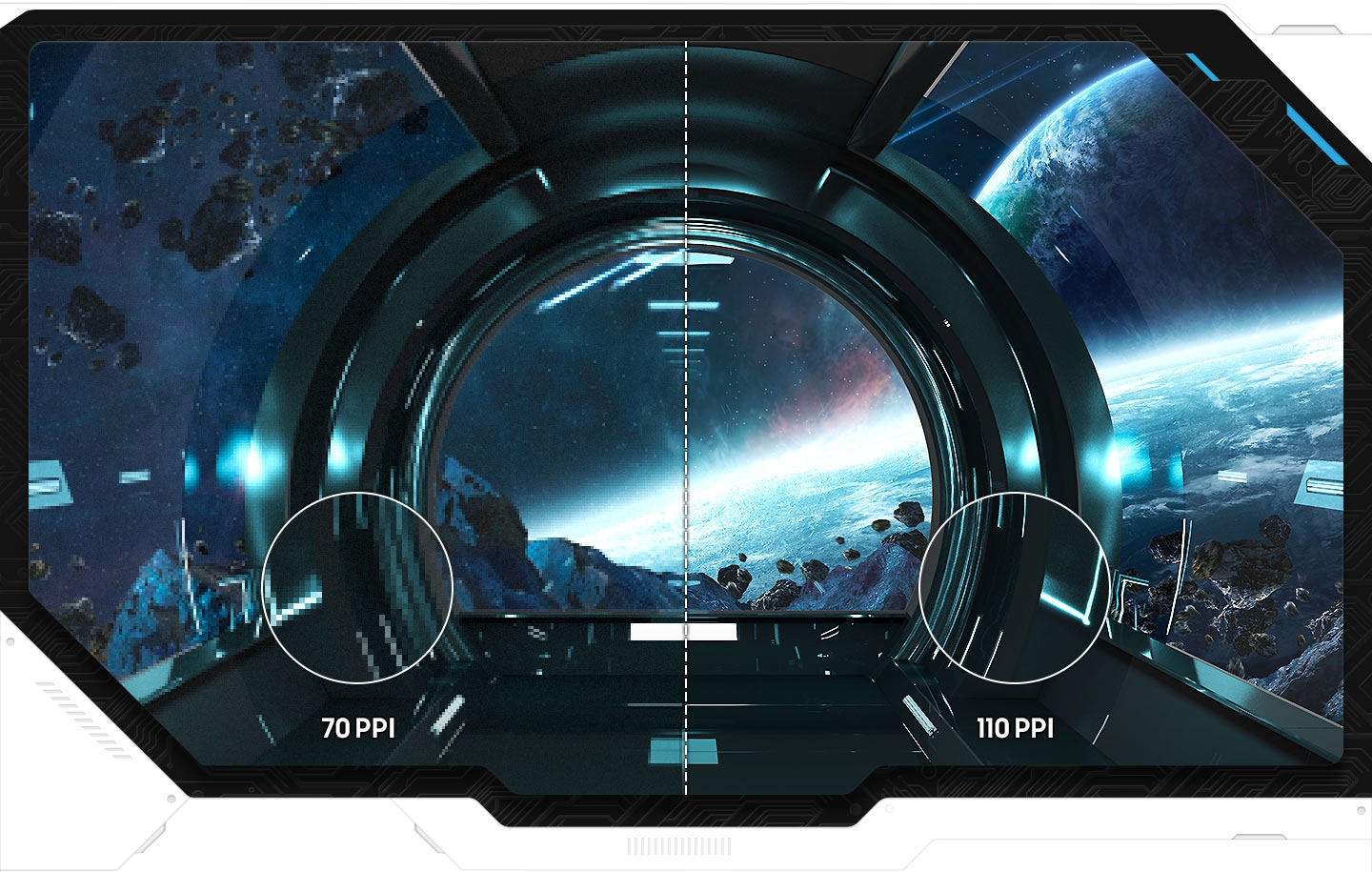 A single monitor is divided into two sections on its screen. Across both sections, a spaceship is flying through a group of asteroids, in orbit of a nearby planet, with one planet in the background. The left side of the screen is pixelated, with a circle zooming into a further pixelated section labeled "70 PPI." The right side of the screen is clearly rendered, with a circle zoomed into a crisp section of the image labeled "110 PPI."