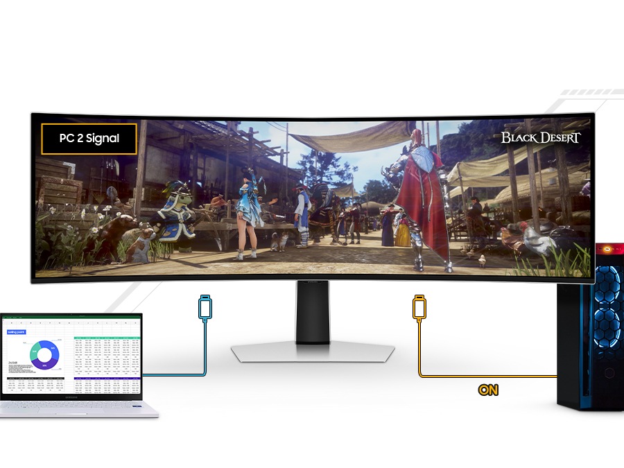 An Odyssey monitor is shown alongside a laptop and a PC and the laptop's cable is running to the monitor, with 'PC 1 signal' on the left upper side of the screen. But as the PC turns on, connecting to the monitor, it changes the signal to PC's and displays the game scene from Black Desert, as the wo