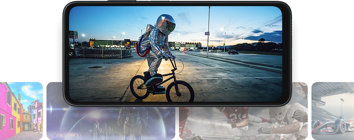 Galaxy A05s in landscape mode shows a person riding a trick bike in a vast, empty parking lot while wearing a cheap astronaut costume. Below and behind the Galaxy A05s are numerous translucent images showing landscape photographs, sci-fi animation, football and car racing.