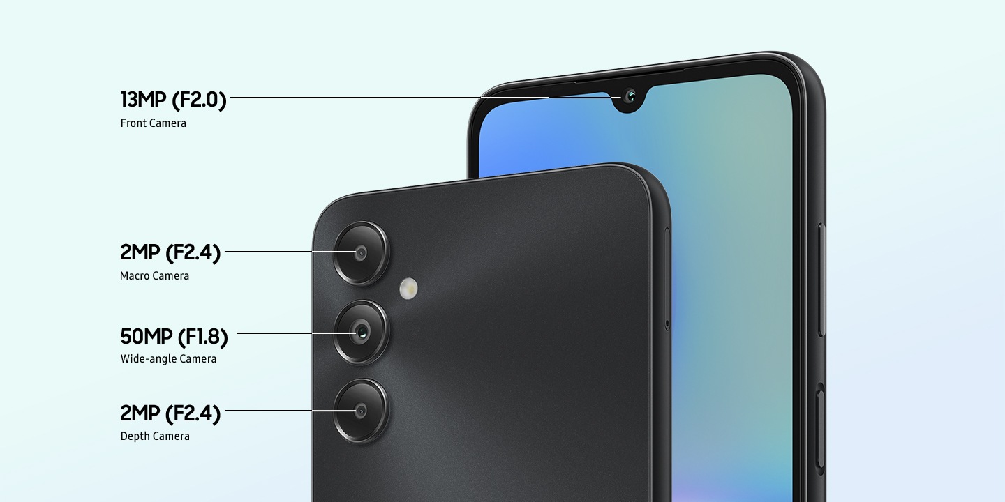 The front and back of the Galaxy A05s are shown to showcase its four multiple cameras including the 13MP Front Camera, the 2MP Macro Camera, the 50MP Wide-angle Camera and the 2MP Depth Camera.