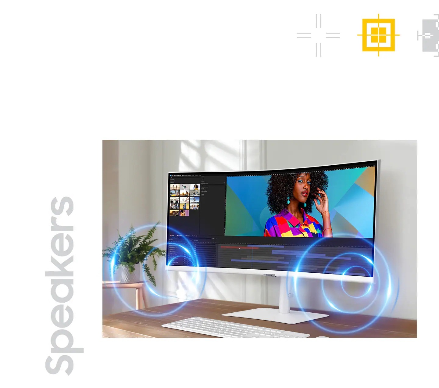 There is a content being edited on the monitor, and around the monitor, there are some circles that represent the built-in speakers of the monitor.