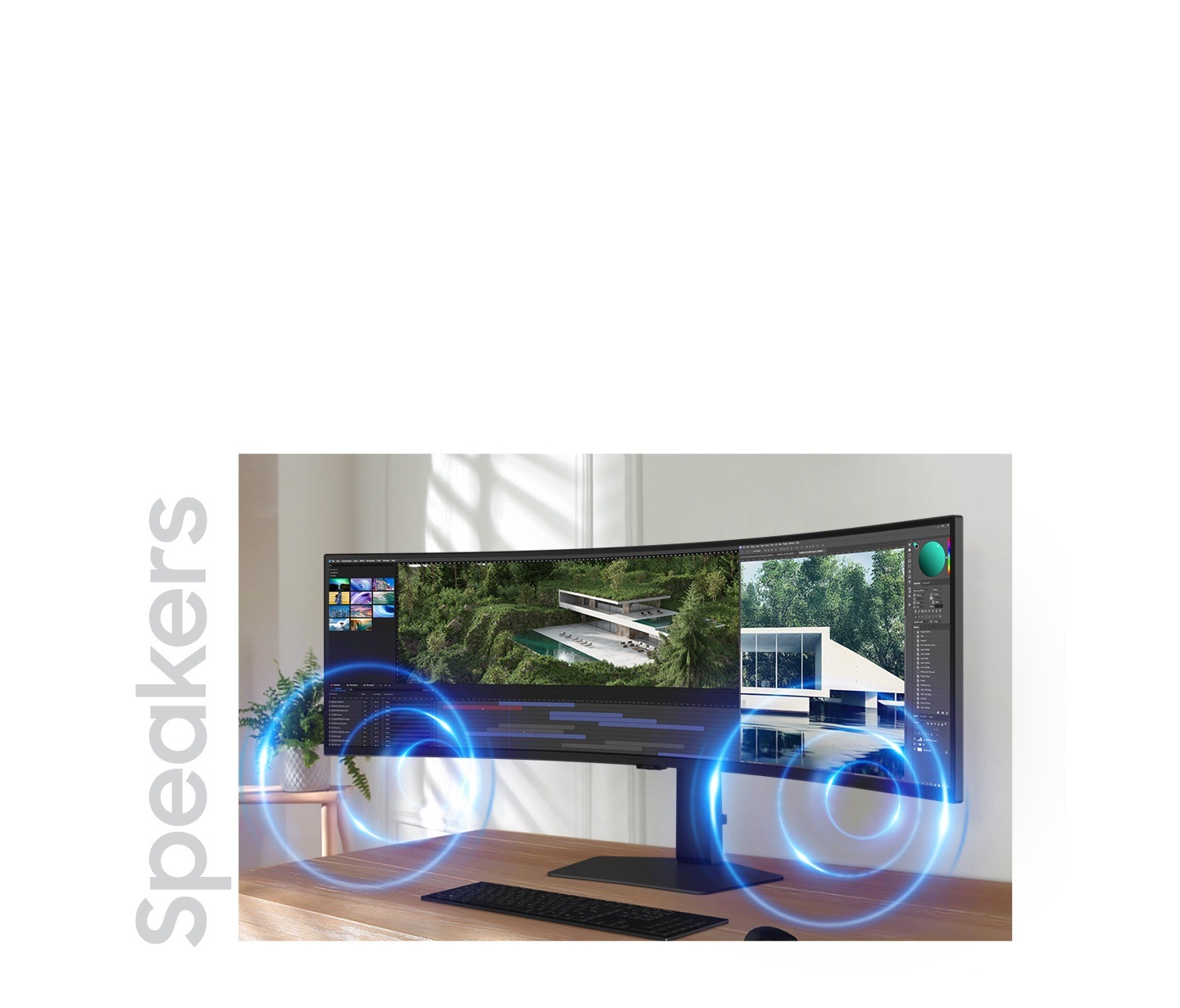 There is a content being edited on the monitor, and around the monitor, there are some circles that represent the built-in speakers of the monitor.
