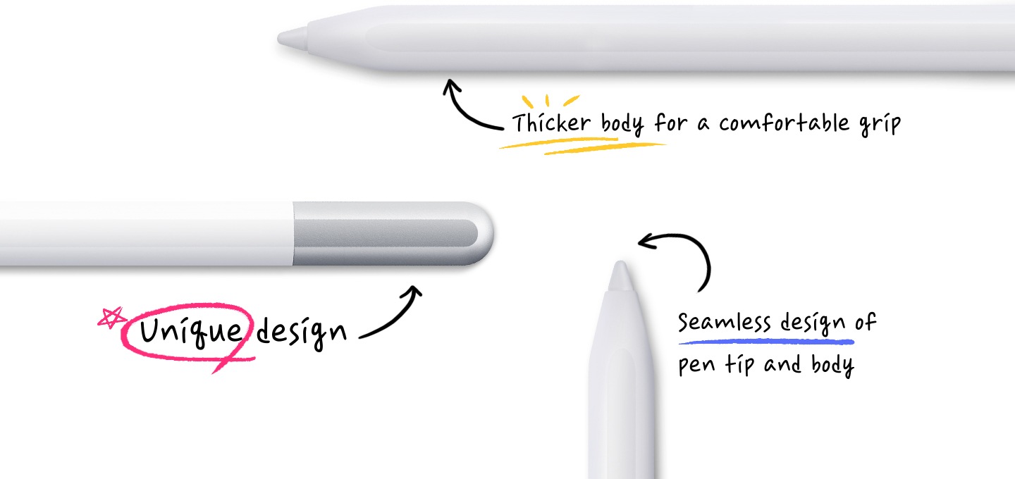 Three S Pen Creator Edition devices are shown. One device is zoomed in on its pen body with a text "Thicker body for a comfortable grip". Another device is zoomed in on its cap with a text "Unique design". The other device is zoomed in on its pen tip with a text "Seamless design of pen tip and body".