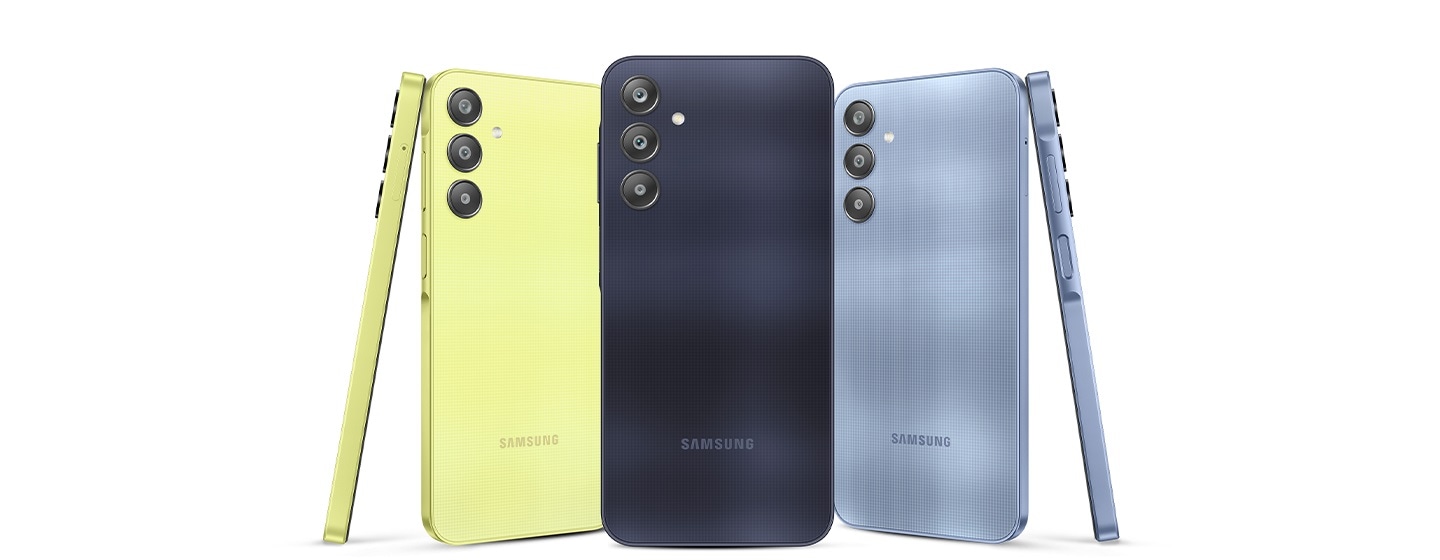 Four Galaxy A25 5G devices in Yellow, Light Blue, Blue and Blue Black, in order of left to right as well as furthest to nearest, are showing their backcovers.