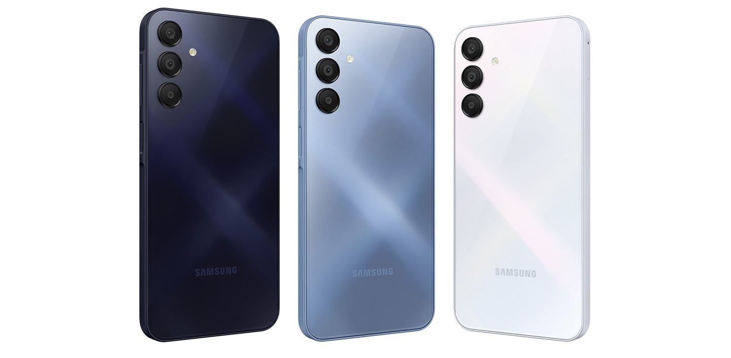 Four Galaxy A15 5G devices are shown with all of them showing their backsides. The devices colorways are, from left to right, Blue Black, Blue, Light Blue and Yellow.