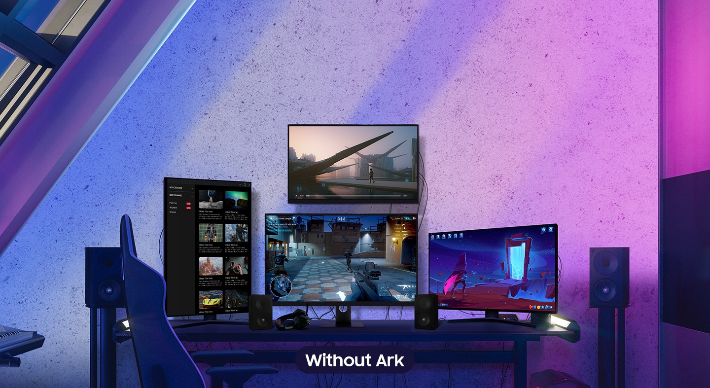 A video shows a multi-monitor computer set up, labeled "Without Ark." 4 monitors are being used: one playing a streaming video, one playing an MMORPG video game, one displaying options on a video streaming service, and one with a video game wizard walking toward a portal. The video swipes from the right, now labeled "With Ark," showing the same content spread across 4 sections of one screen. On the top left, an icon labels the streaming video section as input from a media player. On the top right, an icon labels the streaming video service options as input from a laptop. On the bottom left, an icon labels the video game as a PC tower input. On the bottom right, an icon labels the wizard video game character screen as a gaming console input.