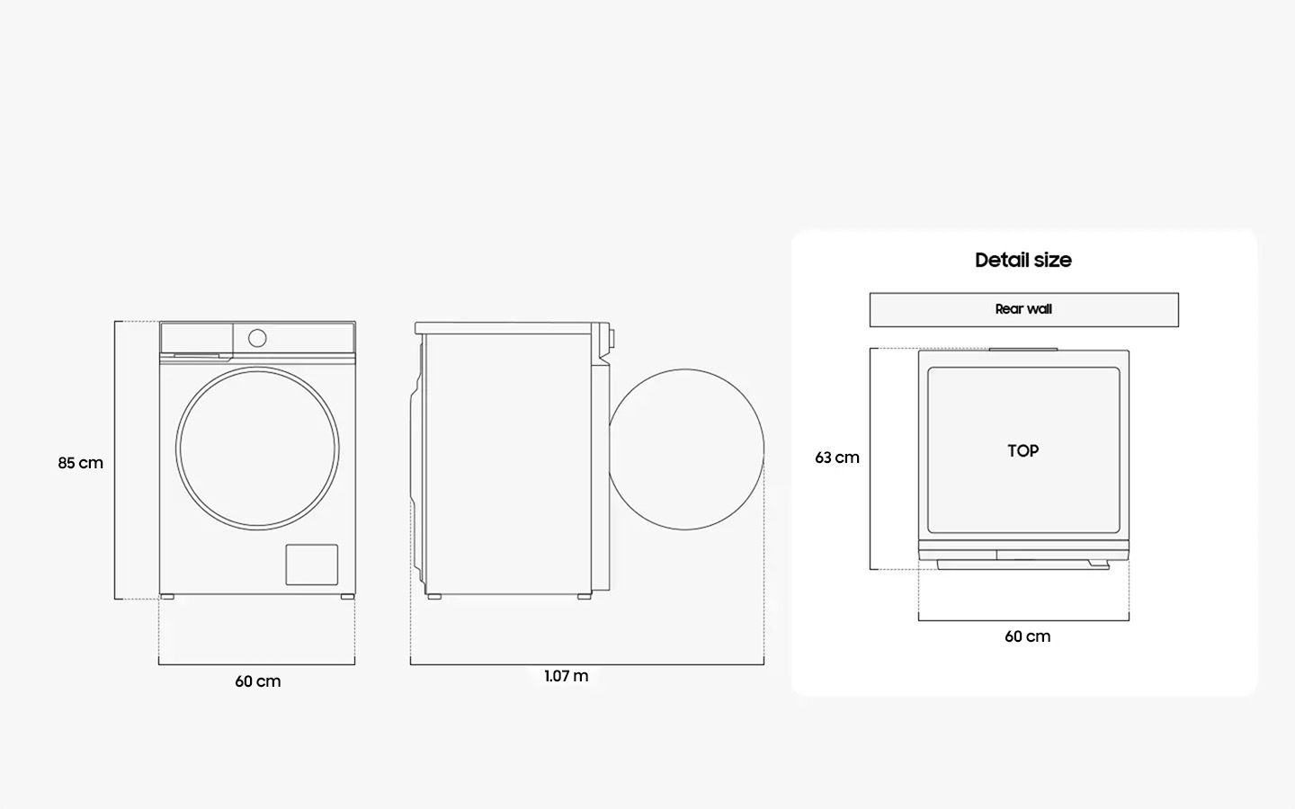 Illustration shows the Washer’s dimensions from the front, side, and top. Detail size is measured 600mm in width, 850mm in height, and 640mm in depth. When the door in the front is opened, it measures 1,090mm in total width. The washer must be installed with some spacing from the rear wall.