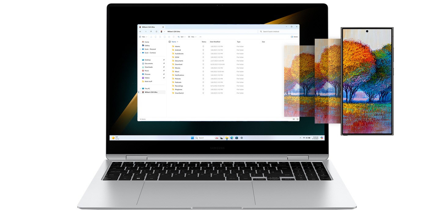 Galaxy Book4 Pro 360 and Galaxy S24 Ultra placed next to each other. A colorful image open in full screen on Galaxy S24 Ultra is being accessed along with other folders from Galaxy Book4 Pro 360 using File Explorer.