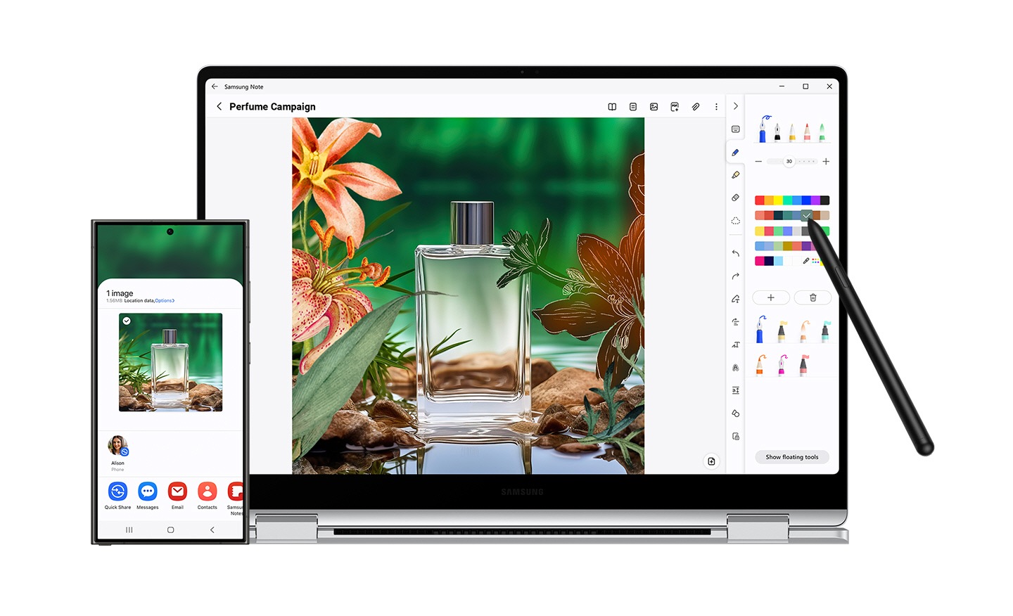 Galaxy S24 Ultra and Galaxy Book4 Pro 360 in Platinum Silver with S Pen touching the screen are placed next to each other. A colorful image, selected for sharing on the screen of Galaxy S24 Ultra, is shared via Quick Share to Galaxy Book4 Pro 360 and open for editing in Samsung Notes app to highlight the inter-device ecosystem.