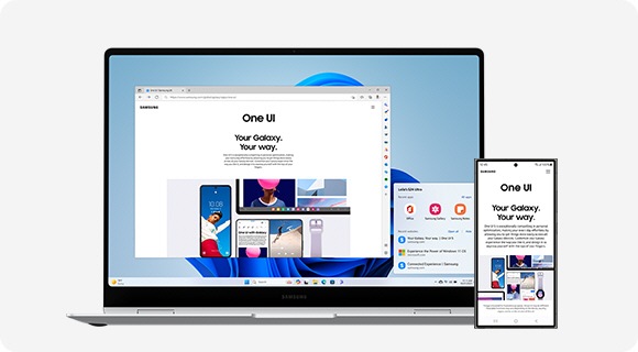 Galaxy Book4 Pro 360 and Galaxy S24 Ultra placed next to each other. A webpage is open onscreen on Galaxy S24 Ultra and also shown on the screen of Galaxy Book4 Pro 360 to highlight that the two devices are synced.