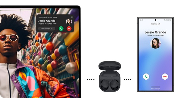 Galaxy Buds2 Pro are paired with Galaxy Book4 Pro 360 and Galaxy S24 Ultra. An incoming call screen is shown on Galaxy S24 Ultra and the call notification is shown on Galaxy Book4 Pro 360 while video content is playing full screen in Windows Media Player app. The Galaxy Buds2 Pro audio switches automatically between the laptop and smartphone.