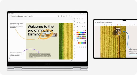 A note with image and text is open in Samsung Notes app on Galaxy Book4 Pro 360 and the screen is extended on Galaxy Tab S9 Ultra in Landscape mode to highlight the dual-monitor experience.