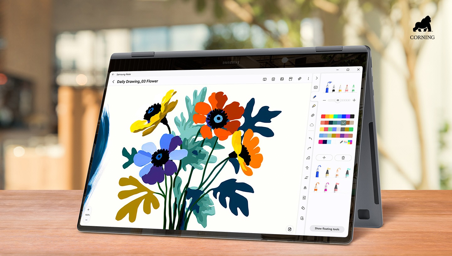Galaxy Book4 Pro 360 is placed on a desk, folded like a tent and facing slightly left with a colorful image open for editing in Samsung Notes app onscreen. There are less reflections and glare on the onscreen image thanks to Corning Gorilla Glass with DX. CORNING logo is shown.