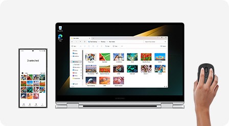 Galaxy S24 Ultra and Galaxy Book4 360 placed next to each other. Images selected on the screen of Galaxy S24 Ultra are copied to a folder on Galaxy Book4 360 by using the same mouse to operate both devices.