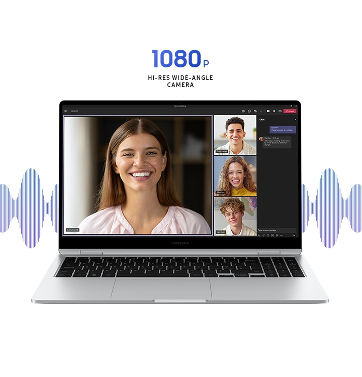 Front view of Galaxy Book4 360 in Silver, open and facing forward with Microsoft Teams app open in full screen and four people shown in a video call. 1080p HI-RES WIDE-ANGLE CAMERA.