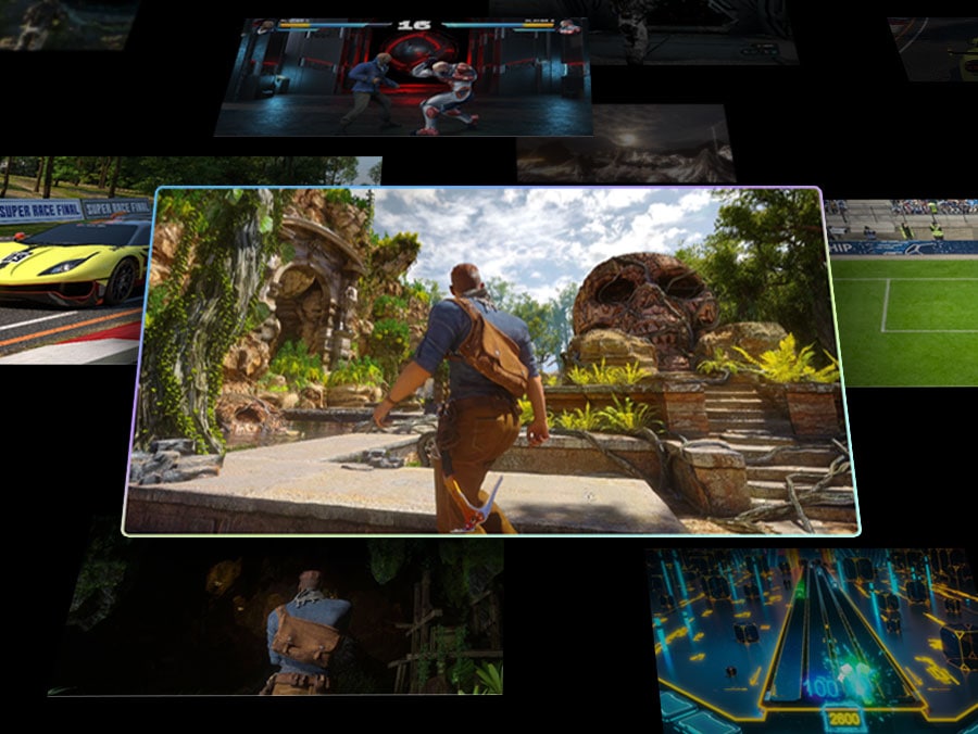 Scattered scenes from games with one main scene front and center. "RPG" is detected as its genre, as it is then scanned into optimal settings by Samsung's AI technology. Then the screen changes and "Racing" is detected as the genre of "Kart Rider Drift" as it is also scanned into optimal settings.
