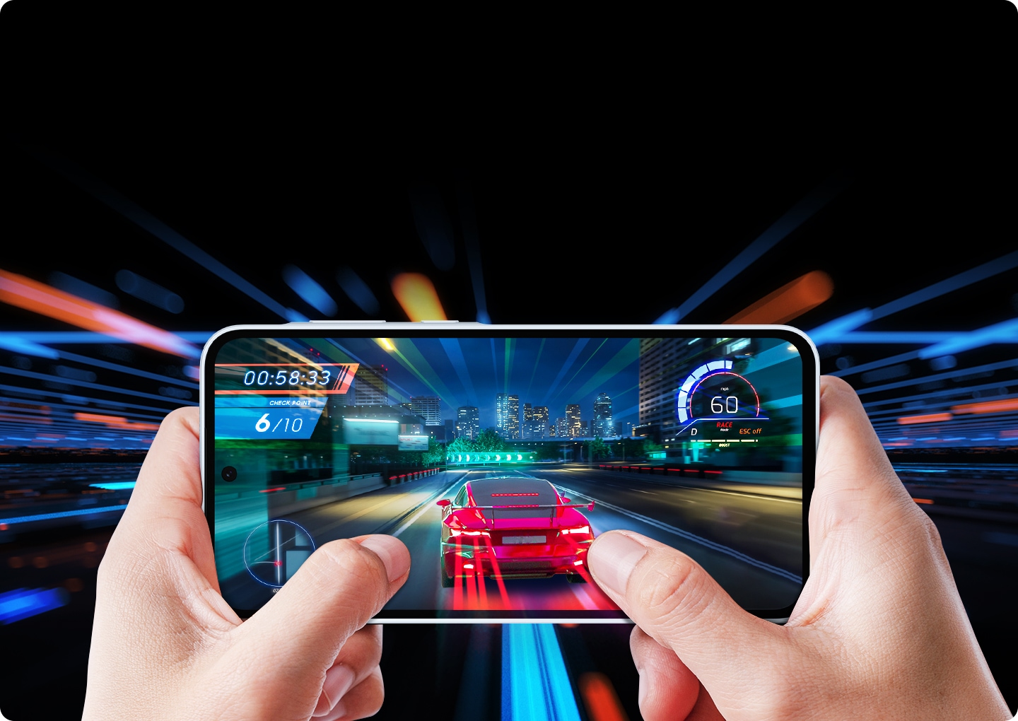 First-person view of a racing game being played on a smartphone held in two hands. The game displays a red sports car speeding on a city highway at night.