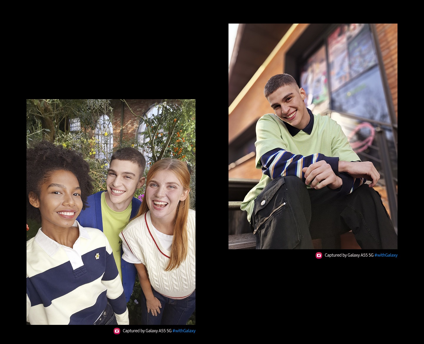 Two portraits of people. First portrait: Selfie of three friends with joyful expressions, posing closely together. Second portrait taken with Portrait mode : A person sitting casually with a smile, a blurred building in the background. Text reads Captured by Galaxy A55 5G #withGalaxy.