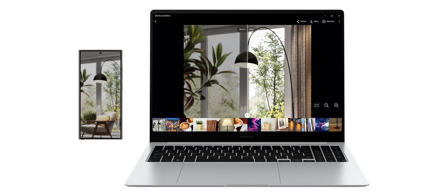 An image of a house interior, shown full screen on Galaxy S24 Ultra, is open in Samsung Gallery app on Galaxy Book4 Pro and being remastered using the Photo Remaster tool. The onscreen image is divided in half by a slider - the left side shows the image before remastering and the right side shows the remastered image with enhanced quality.
