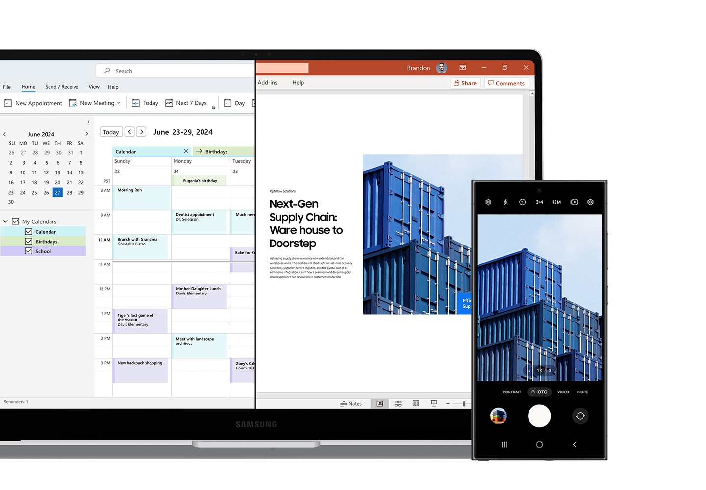 Galaxy Book4 Pro in Platinum Silver with Microsoft Outlook Calendar and Microsoft PowerPoint apps open onscreen and Galaxy S24 Ultra are placed next to each other. A photo of warehouses in the Camera app on Galaxy S24 Ultra is copied and pasted оnto the presentation file open on Galaxy Book4 Pro to highlight the inter-device ecosystem.