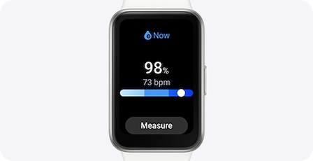 Galaxy Fit3 with the Blood oxygen level measurement feature opened, with a measurement start button on display.