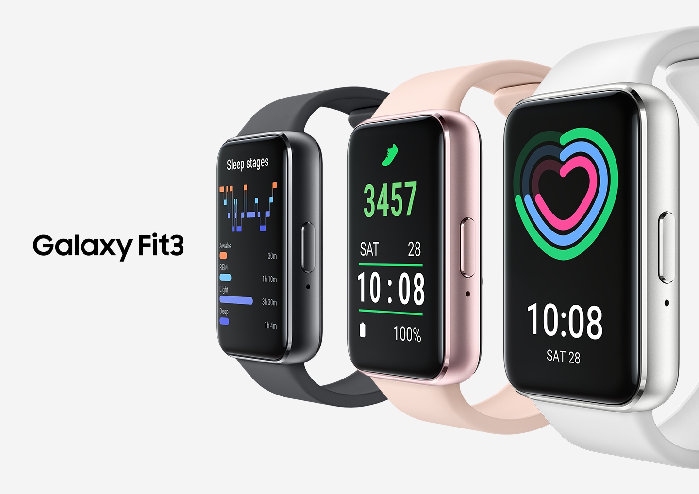 Three Galaxy Fit3 devices lined up facing sideways. Galaxy Fit3 Dark Gray with Sleep tracking feature on display, Galaxy Fit3 Pink Gold with Steps tracking feature and Galaxy Fit3 Silver with Daily Activity tracking feature.