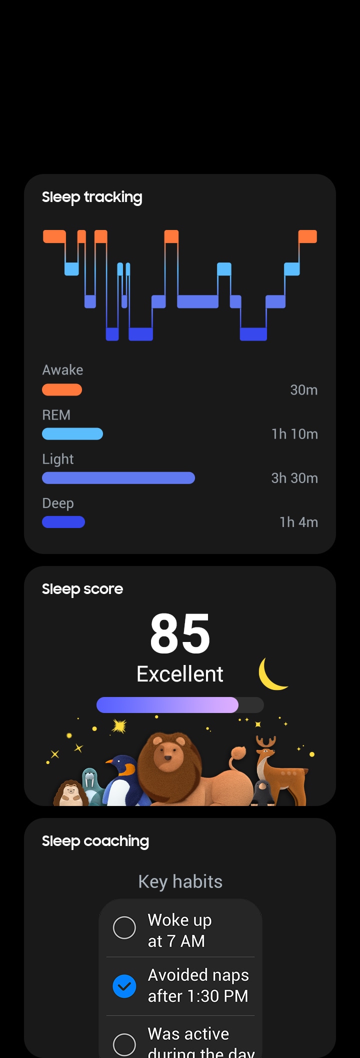 Three tiles, each showing a different Sleep Monitoring feature. One for Sleep tracking shows the time spent in each sleep stage and the graph. Another one for Sleep score shows a lion sleep symbol with the score. The other one for Sleep coaching shows a list of selectable key habits with 'Avoided naps after 1:30 PM' selected.
