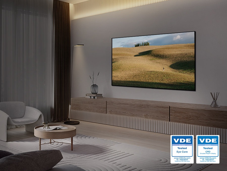 The TV screen during daylight is bright. The screen is adjusted to be softer on the eyes as day changes into night. VDE 02/2024 Tested Eye Care www.VDEinfo.com ID.40058041 Tested by VDE Germany. VDE 02/2024 Tested CRD Circadian Rhythm Display www.VDEinfo.com ID.40058037 Tested by VDE Germany.