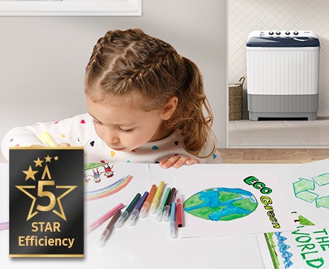 A child is drawing an image related to energy saving, and the WT3000MM product stands behind her. The 5-star efficiency logo is on the side.