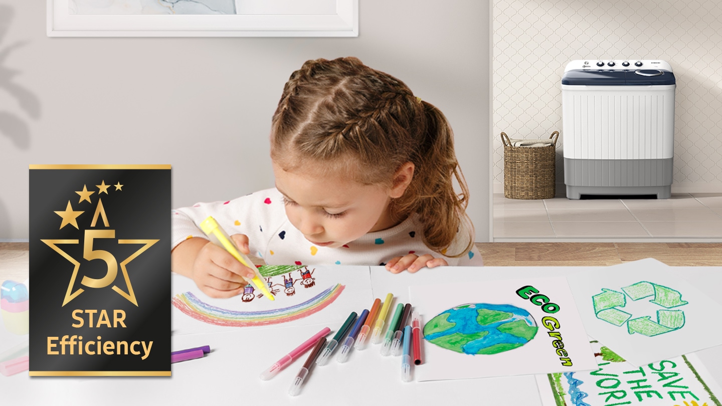 A child is drawing an image related to energy saving, and the WT3000MM product stands behind her. The 5-star efficiency logo is on the side.