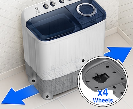 WT3000MM has four wheels. The arrows suggest that the product can be movable in Samsung 7 Kg Semi Automatic Washing Machine