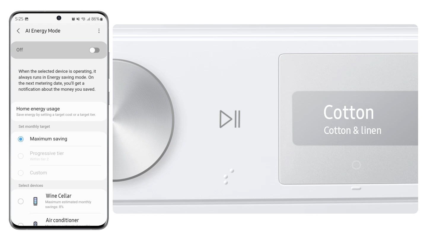 The AI Energy Mode for Washer is activated by checking the mode button to 'On' and selecting the device you want to run on your smartphone. After the cycle, the cleaning is complete with AI Energy Mode which saves 397 Wh (70%) of energy. Images shown are for illustration purpose.
