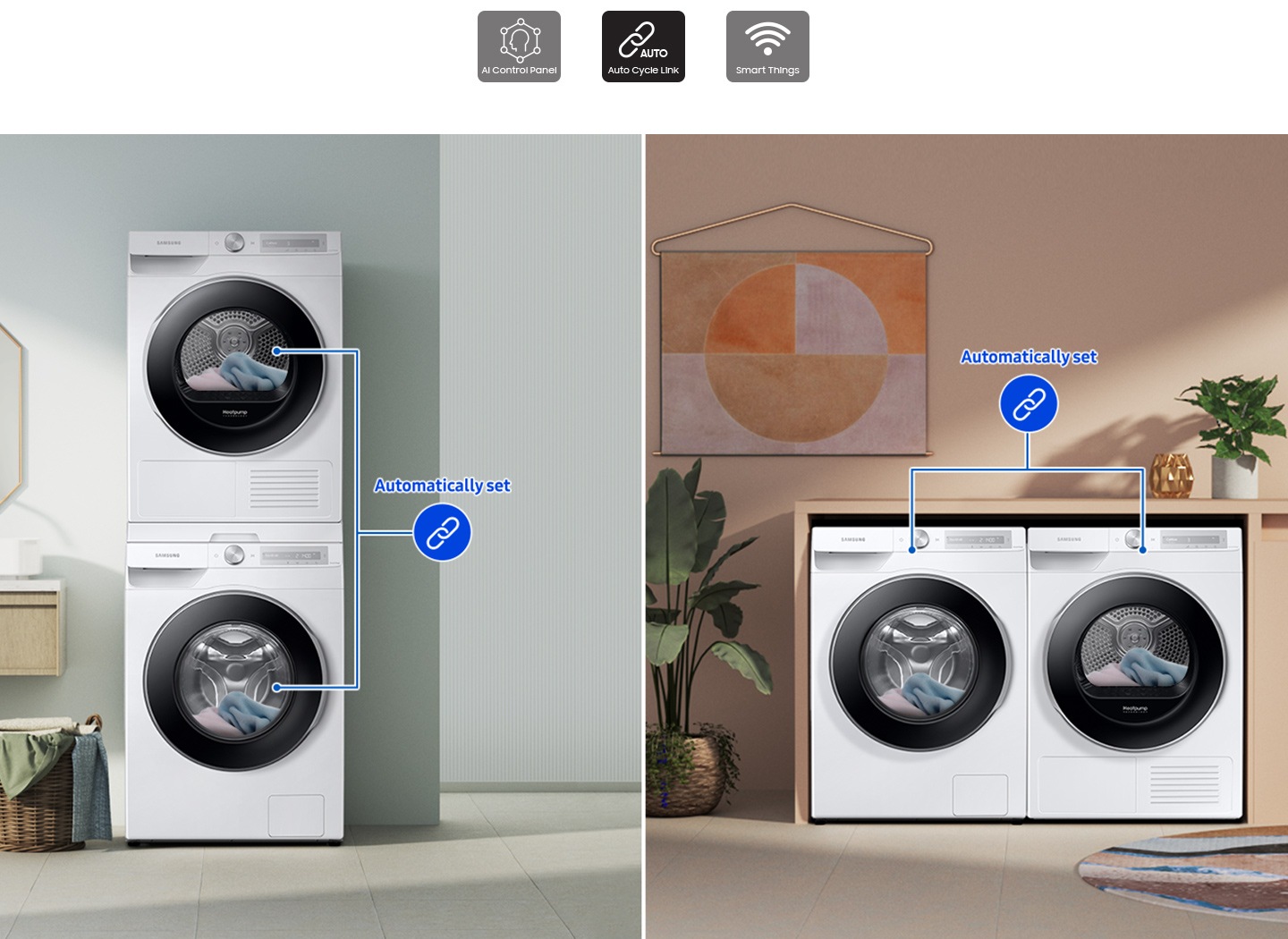 Two sets of washers and dryers are placed differently in two separate living spaces. Each set is linked with a blue line.