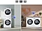 Two sets of washers and dryers are placed differently in two separate living spaces. Each set is linked with a blue line.