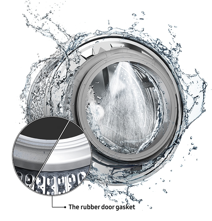 The washer drum is surrounded by clean water and water jets are cleaning the inside. Close-up image of a rubber door gasket being cleaned.