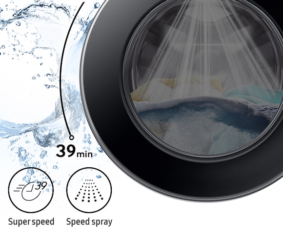 Towels and doll is in the drum and washing takes 39 min with the powerful speed spray. Super Speed and Speed Spray features are shown in icons.