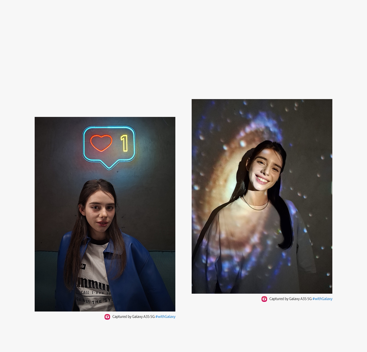 'Two portraits in low-light conditions. First portrait: A person sits. a neon above her head. Second portrait: the person is smiling, superimposed with a cosmic galaxy effect light. Text reads Captured by Galaxy A35 5G #withGalaxy.