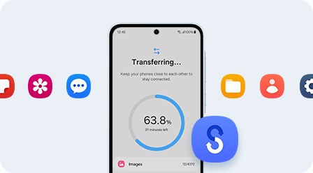 A smartphone displaying a data transfer process. Around the phone are colorful app icons and a Smart Switch logo.