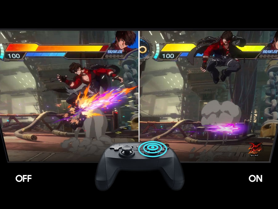 Two screens with the Auto Low Latency Mode On and Off during gameplay. As jump is pushed on the controller, the character on the screen with the feature On jumps faster than it does on the screen with the feature Off.