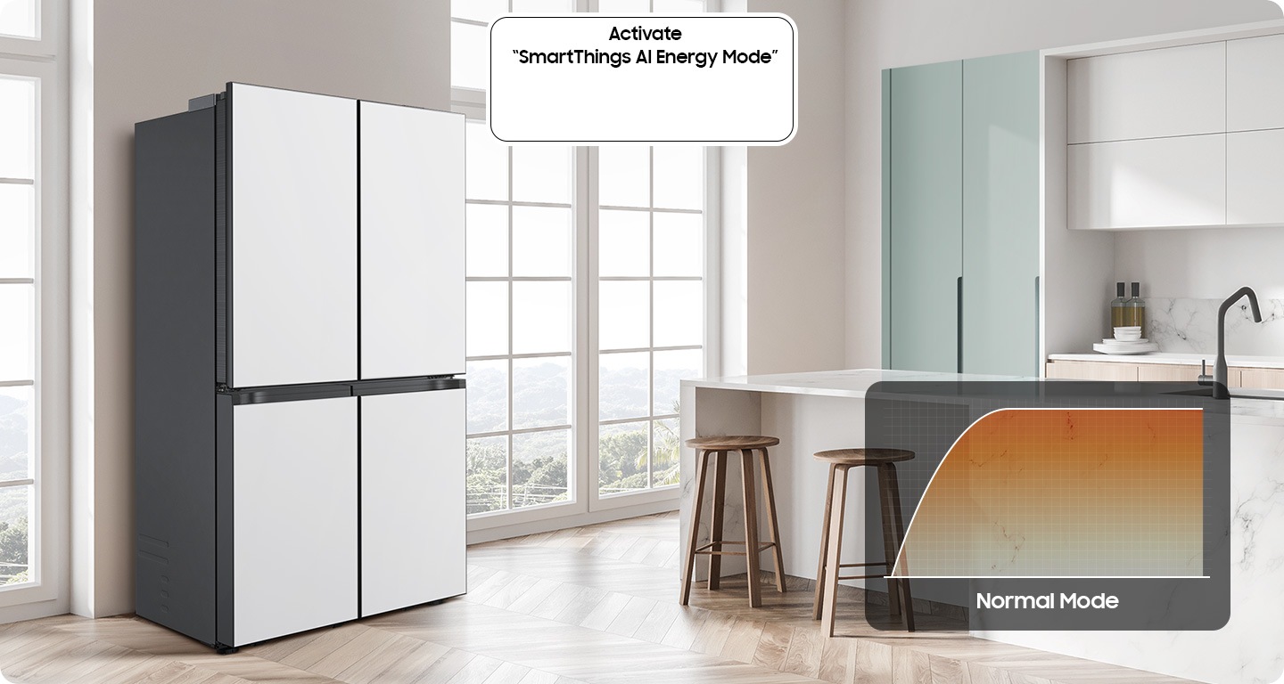 There is a Bespoke fridge in a sunlit kitchen. The toggle for 'Activate SmartThings AI Energy Mode' is off. Normal mode's energy consumption graph indicates high energy consumption.