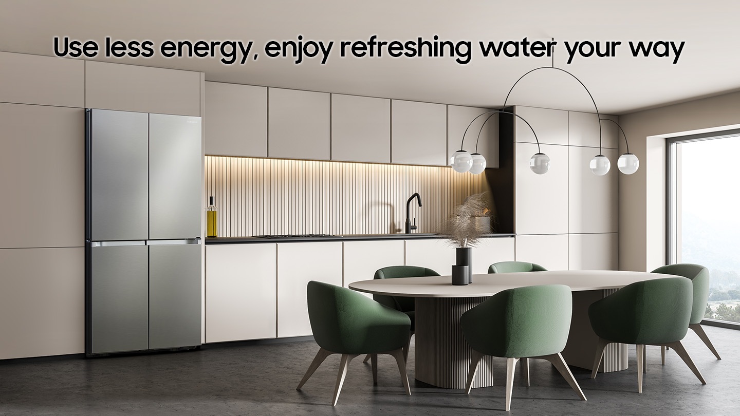 Use less energy, enjoy refreshing water your way. The refrigerator is installed in the Kitchen.