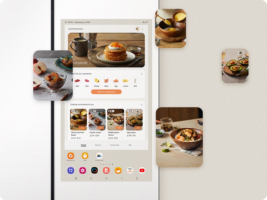 SmartThings Food on the fridge screen recommends recipes using your ingredients, and connects you to cooking communities.